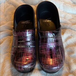 Dansko Black and Purple Patterned Clogs